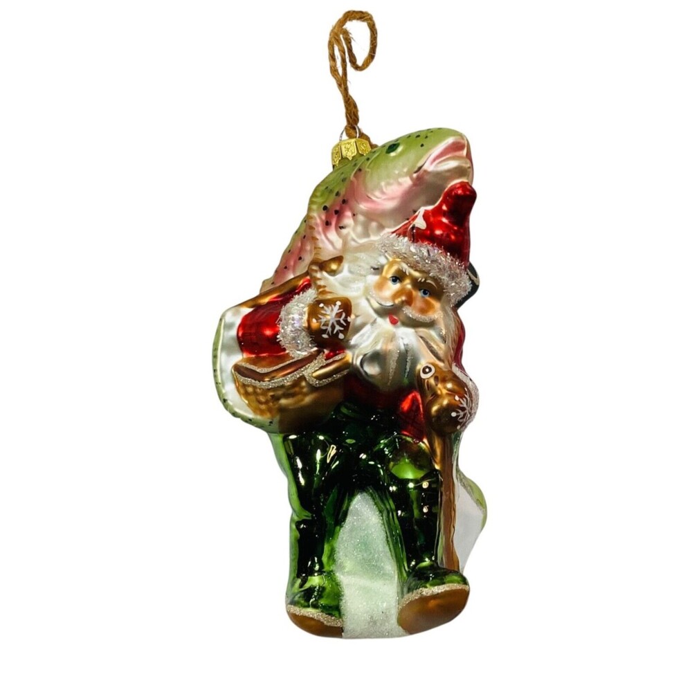 Santa Christmas Ornament carrying a Fish and Bait Metal 6in
